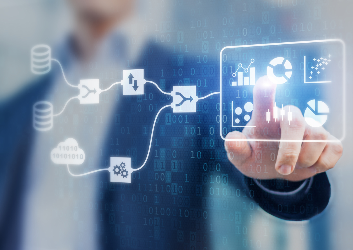 Data Management System (DMS) and Business Analytics concept with servers connected to dashboard to provide information for Key Performance Indicators (KPI), person in background, marketing analysis